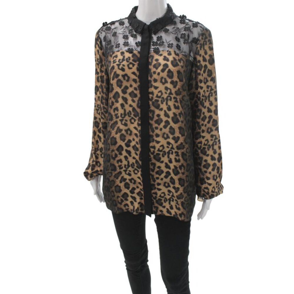 Elie Tahari Women Black Silk Animal Print Collared Long Sleeve Tunic Size L